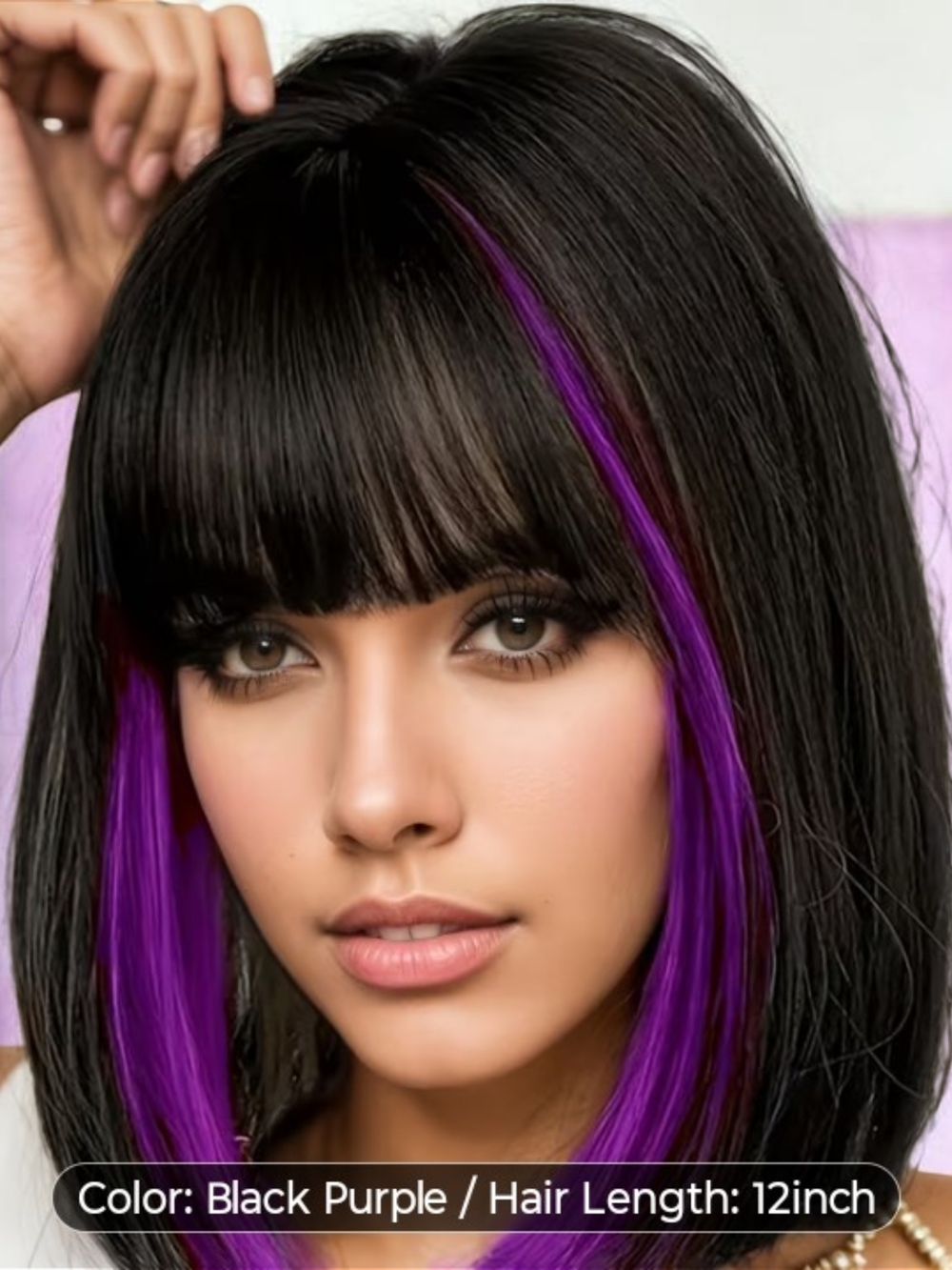 Glueless Black Purple Women’s Hairpiece - Stylish Black with Purple Highlights